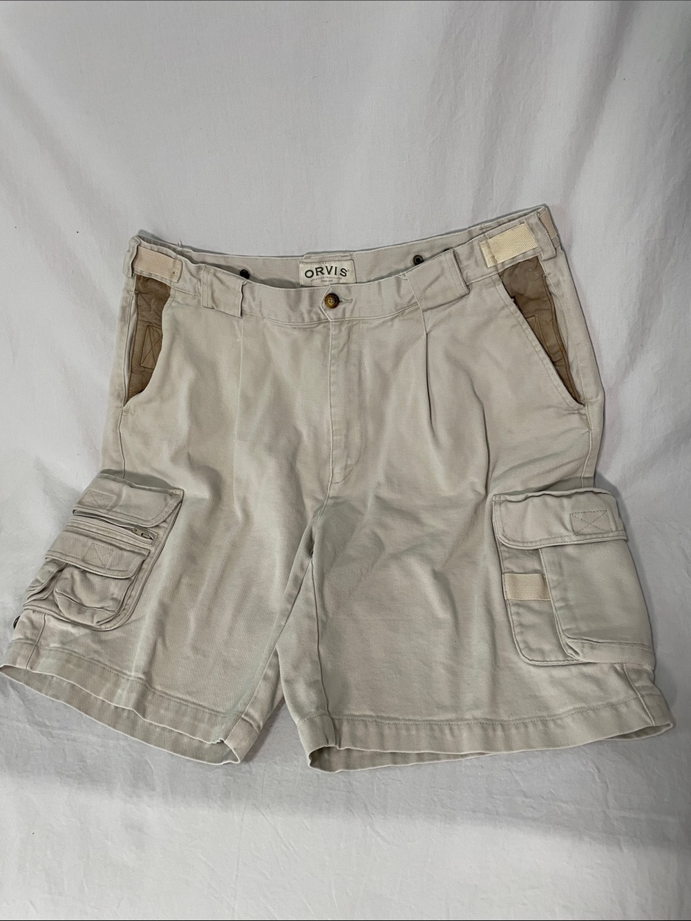 Orvis Zambezi Twill Cargo Shorts Vintage Sz 36 100% cotton outdoors leather trim